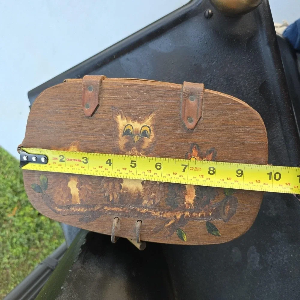 Vintage Hand Painted Owl Basket Wood Woven Lid‎ Signed 1979 Primitive Folk Art